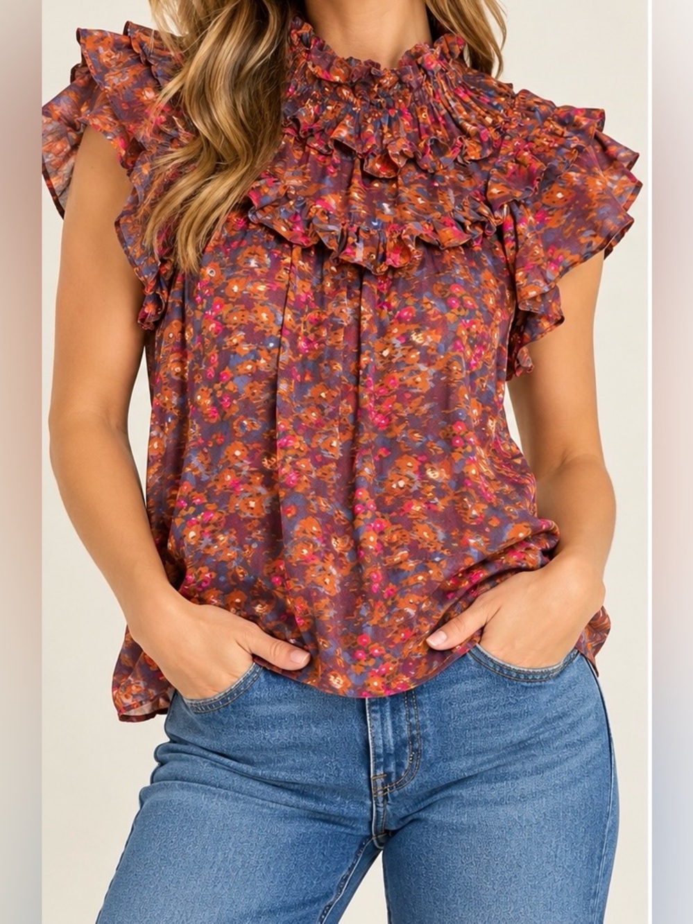Sea New York Rust Multi Floral Ruffle High-Neck Blouse NWOT